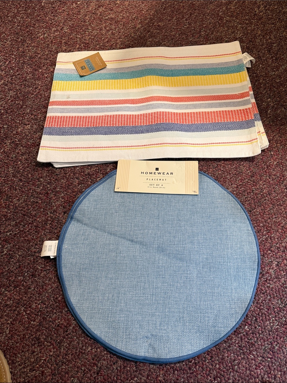Blue Round Placemat with Multi-Color Striped Kitchen Towel